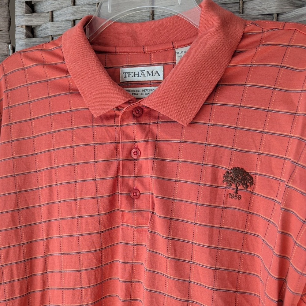 Vtg Polo Shirt Orange Grid Check Mercerized Cotton Sz XXL Golf Club Logo Preppy